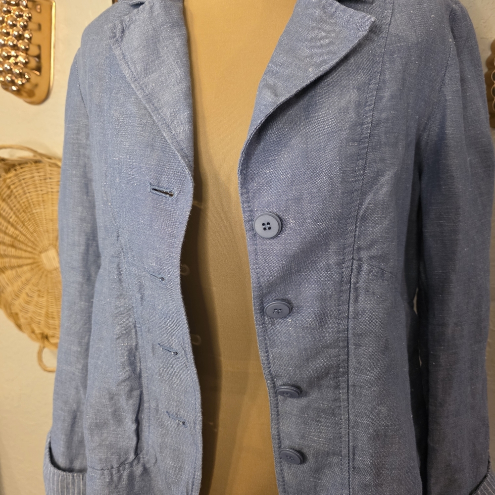 Pendleton Blue Cotton Chambray Blazer Striped Cuffs Old Money Americana - Picture 2 of 11
